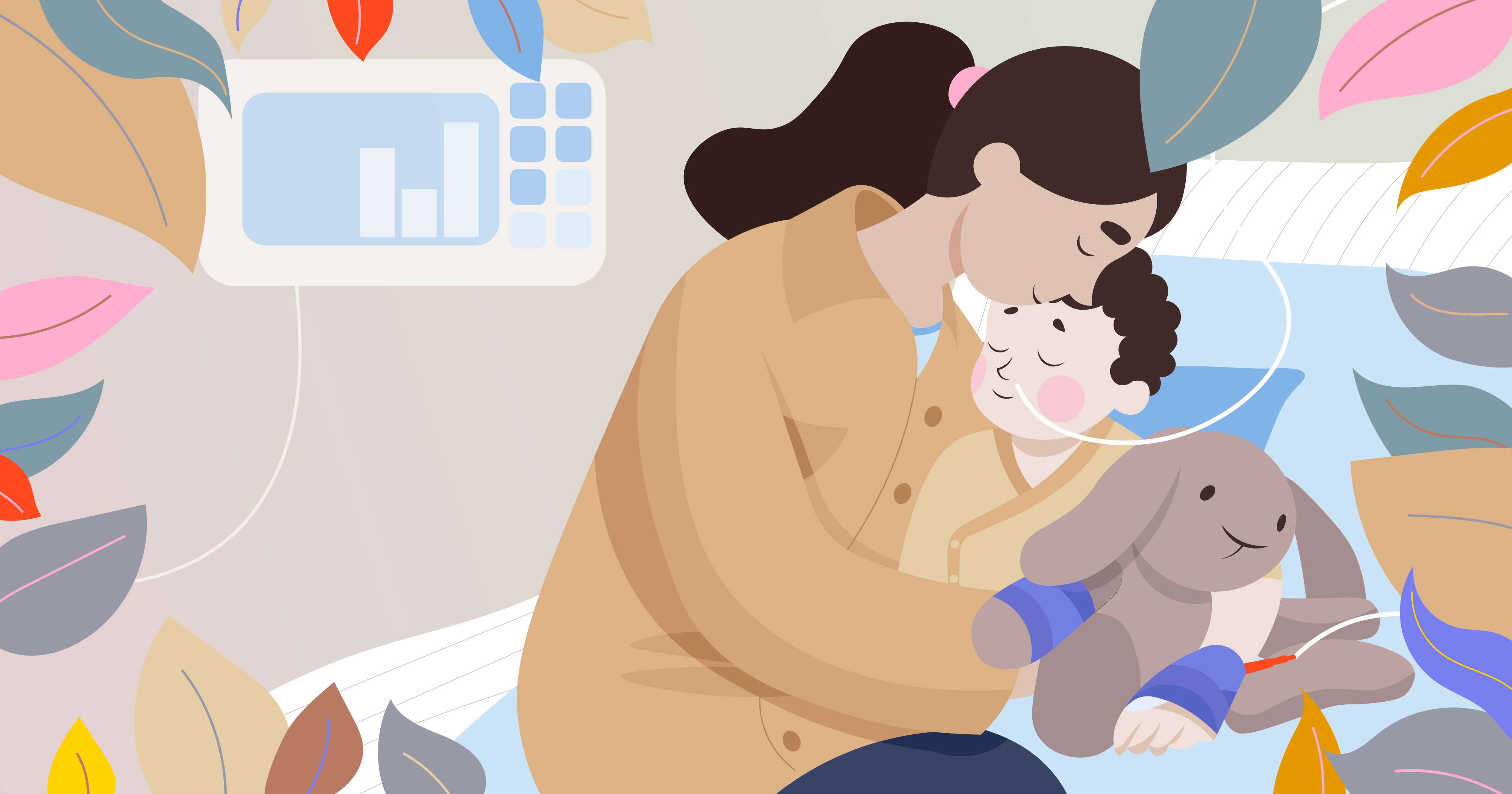 Eine Illustration zeigt eine Mutter mit Kleinkind und Stofftier sitzend auf einem Krankenhausbett. Das Kind hat einen Schlauch in der Nase. Im Hintergrund sieht man einen Krankenhausbildschirm. 