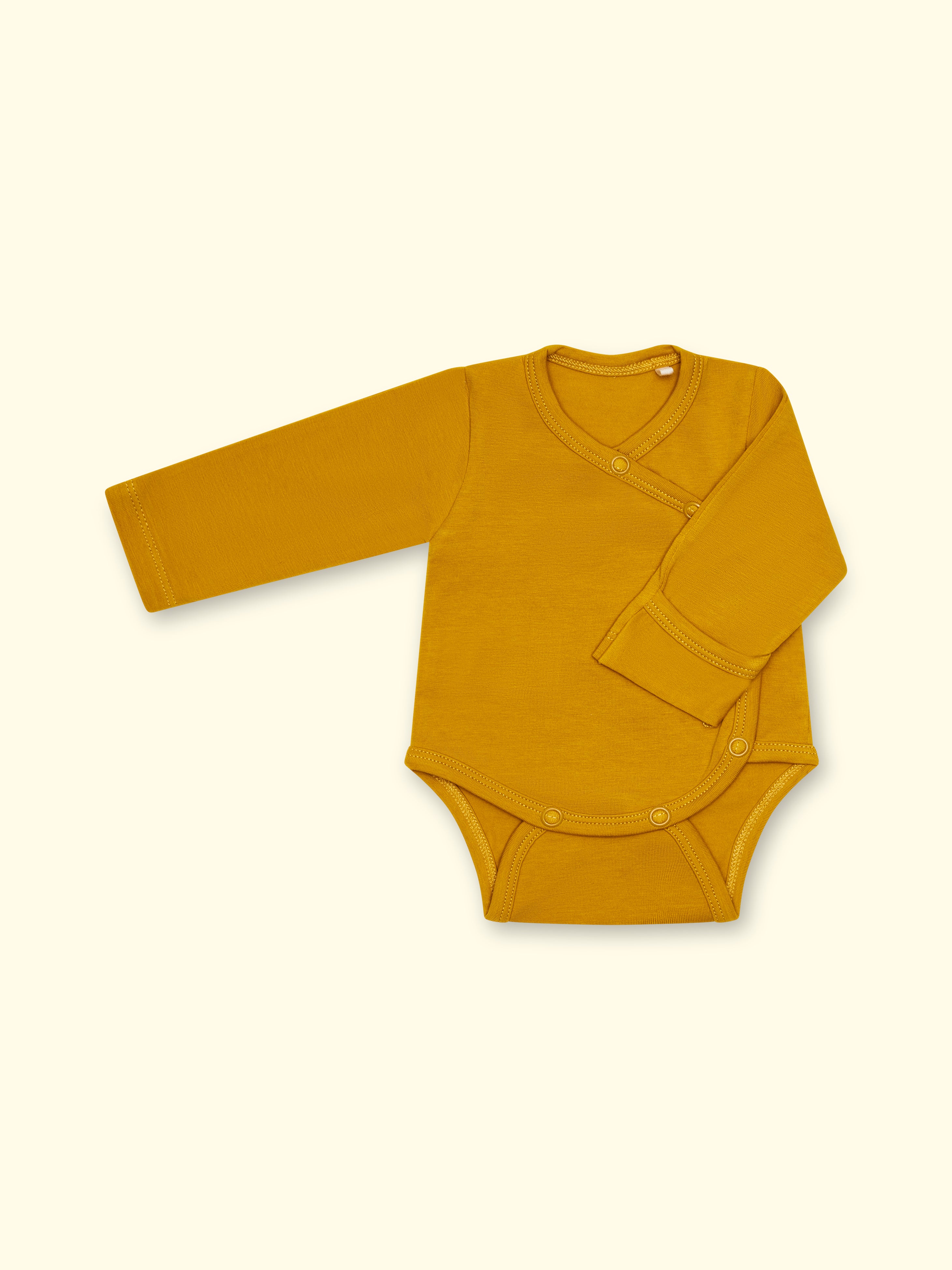 Adaptive bodysuit with scratch protection for premature babies and babies - mustard yellow
